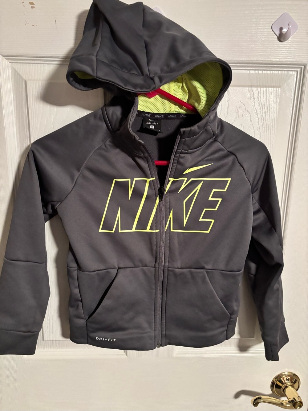 Nike Kids Gray Hoodie with Neon Yellow Logo